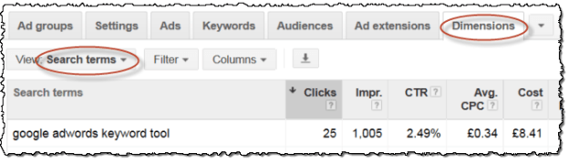 dimensions search terms report keywords