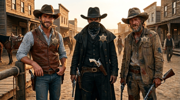 Three cowboys standing in a Western town street, dressed in period attire with guns.