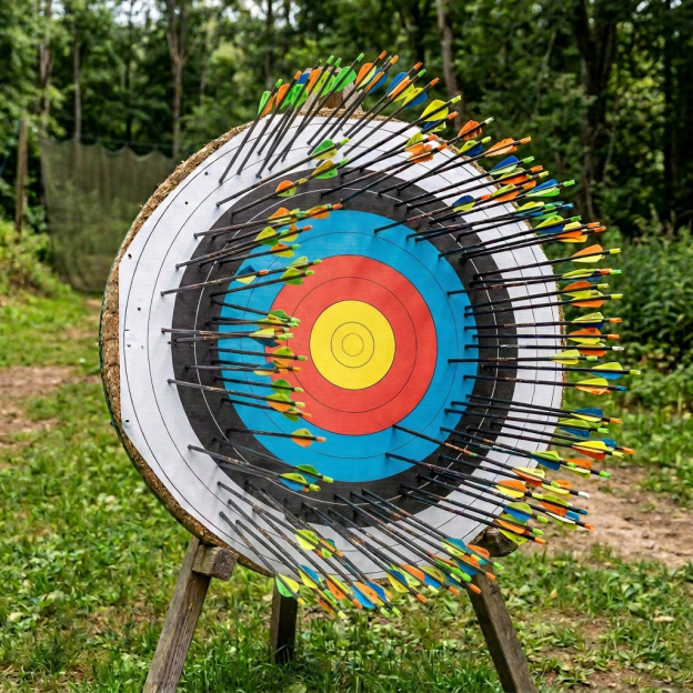 Archery target covered with colorful arrows in a wooded outdoor range